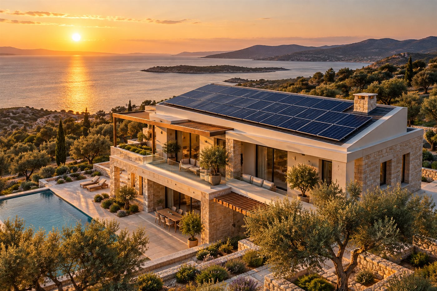 Güneş panelli Ege evi için temsili tasarım